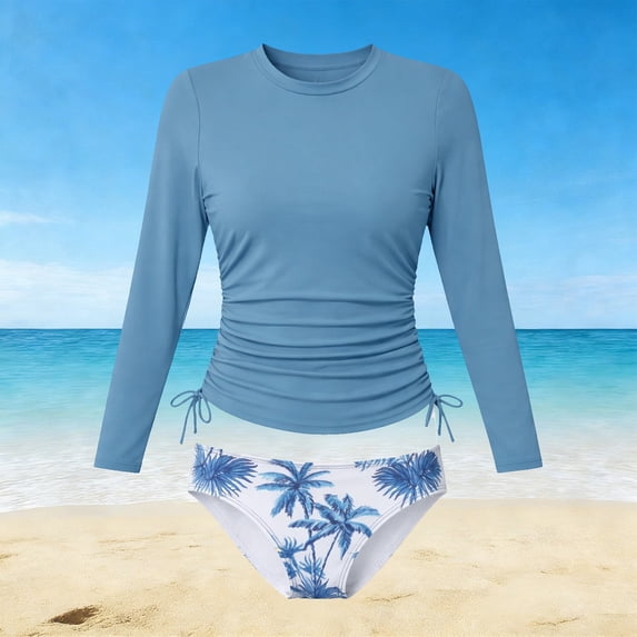 EliteGoogv Blue Tropical Palm Tree Print Girls Long Sleeve Two Piece Swimsuit Adjustable Side Tie Sun Protection Bathing Suit For Beach Pool Kids,Blue,10
