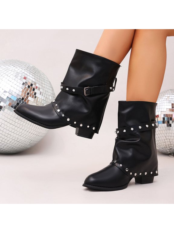 Boots For Women Pointed Toe Crystal Embellishments Chunky Heel Womens Boots Cushion Ankle Boots Elegant Heel Buckle Ankle Boots Black