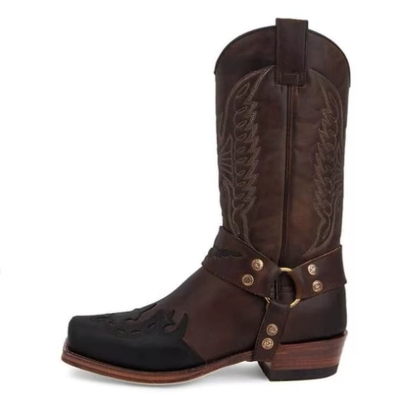 EliteGoogv Boots For Men Western Embroidered Square Toe Mens Boots Cushioned Low Heel Mid Calf Boots Side Zipper Durable Western Boots Daily Party Versatile Cowboy Boots Brown