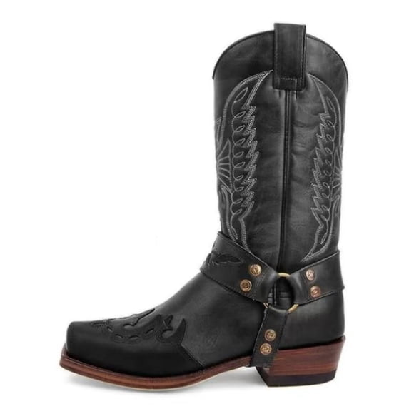 EliteGoogv Boots For Men Western Embroidered Square Toe Mens Boots Cushioned Low Heel Mid Calf Boots Side Zipper Durable Western Boots Daily Party Versatile Cowboy Boots Black