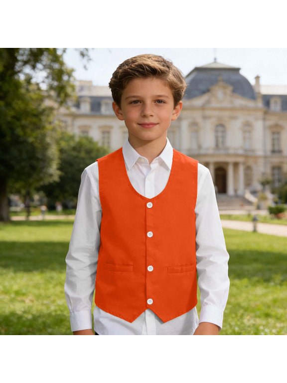 Boys Classic Formal Suit Vest Solid Stylish Waistcoat Top Kids Stage Performance Speech Hosting Wedding Pageant Birthday Ceremony Full Fashion Apparel,Orange,120
