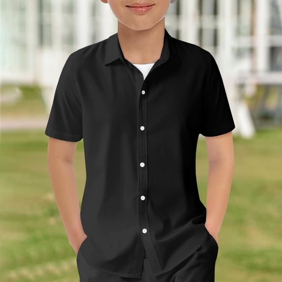 EliteGoogv Boys T Shirts Collared Short Sleeve Solid Color Tee Tops For Boys Comfortable Vacation Tees Casual Fall Summer T Shirts Black 9-10 Years