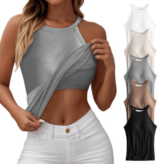EliteGoogv Camisole Tops For Women Shelf Bra Stretch Undershirts Sleeveless Casual Shirts Racerback Ribbed Fitted Tank Tops Ribbed Knit Beige L