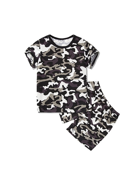 Outfits For Kids Short Sleeve Crew Neck T Shirt Elastic Waist Shorts Graphic Print Summer Clothing Sets Boys Girls Camo Shirts Shorts Sets Grey