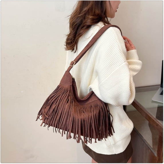 EliteGoogv Crossbody Bags For Women Sleek Tassel Fringe Adjustable Strap Womens Crossbody Bags Shoulder Satchel Bags Spacious Main Compartment Casual Handbags Coffee