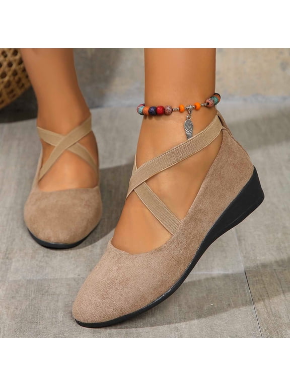 Flat Pumps For Women Suede Cross Strap Flat Pumps For Women Pointed Toe Slip On Walking Flats Summer Vacation Versatile Casual Flats Beige
