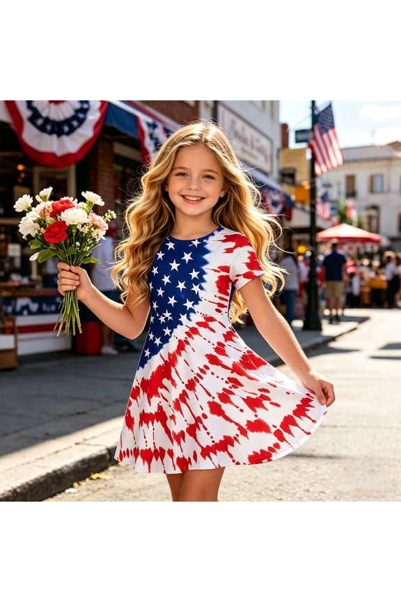 Girl Dress Short Sleeve Stripe Star Splice Print Round Neck Knee Skirt Casual 4th of July 250th Independence Day Daily Preteen Girls Holiday Outfit,6-7 Years