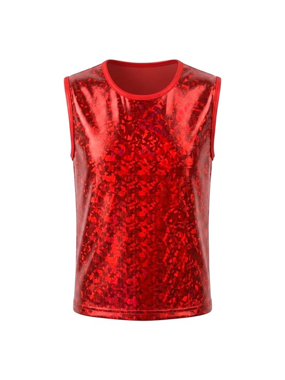 Girl's Metallic Tank Top Sleeveless Shiny Round Neck Tee Soft Stretch Party Summer Blouse,7-10 Years
