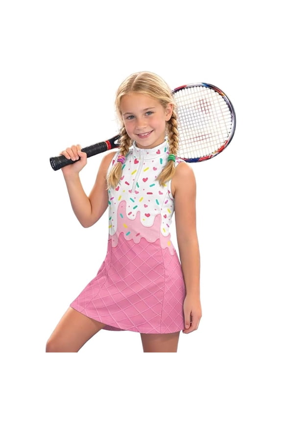 Girls Active Dresses Sleeveless Zip Mock Neck Floral A Line Golf Dresses For Girls Summer Sporty Tennis Wear Kids Athletic Outfits Pink 4-5 Years