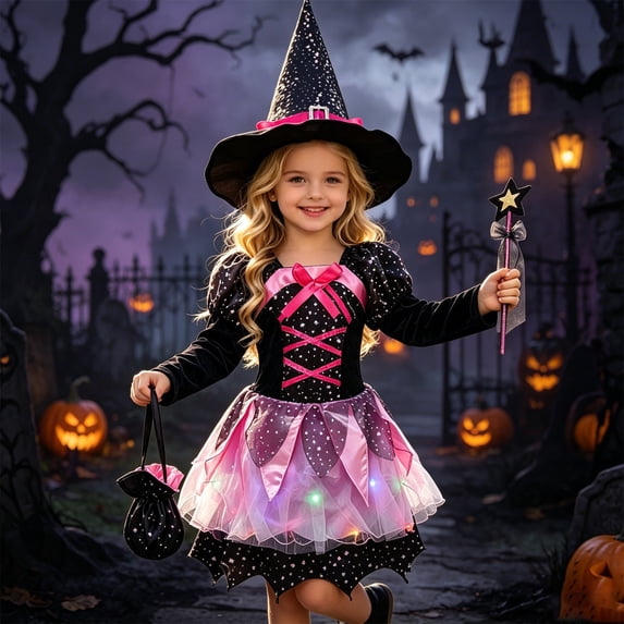 EliteGoogv Girls Cosplay Puff Sleeve Lace Trim Tulle Dress LED Lights(No battery) Hat Bag Wand Set Halloween Party Outfit For Kids Fairy Tale Gown 140