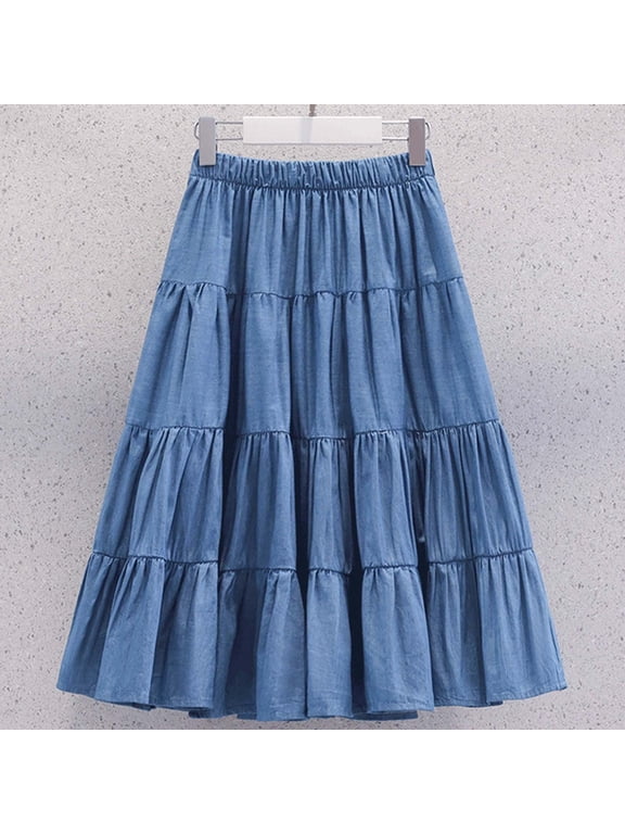 Girls Denim Skirts Tiered Ruffle Hem Elastic High Waist Relaxed Swing Cut Breathable Casual Bottoms Kids Fashion Skort Daily Summer Outfit,9-10 Years