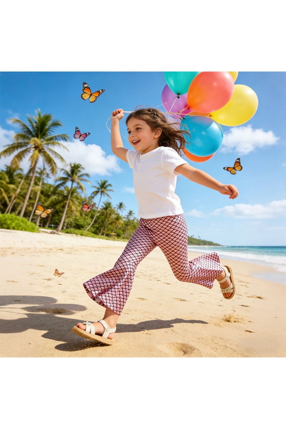 Girls Flare Pants Full Length Casual Trousers With Iridescent Fish Scale Print Elastic Waist Comfort Bottoms Beach Play Summer Kids Slacks,6-9 Months,Pink