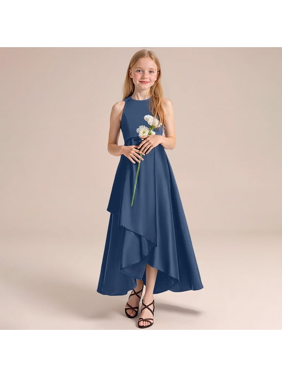 Girls Formal Dresses Sleeveless Crew Neck A Line Floor Length Pageant Gowns For Girls Elegant Long Solid Recital Performance Party Dresses Summer Dresses Dark Blue 11-12 Years