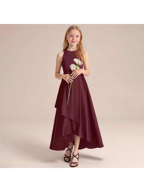 Girls Formal Dresses Sleeveless Crew Neck A Line Floor Length Pageant Gowns For Girls Elegant Long Solid Recital Performance Party Dresses Summer Dresses Brick Red 7-8 Years