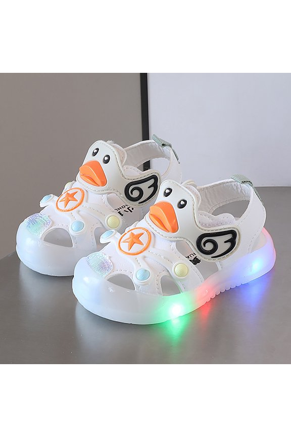 Girls Light Up Shoes Cartoon Duck Design Closed Toe Sandals For Toddler LED Flashing Soft Sole Summer Beach Shoes White 3-6 Months