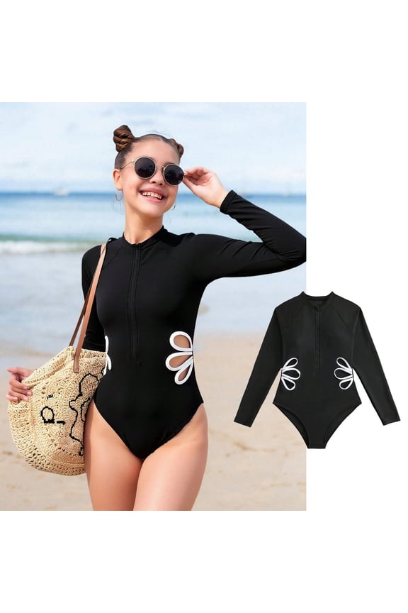 Girls Long Sleeve One Piece Swimsuit Half Zip Front With Cutout Flower Detail UPF50+ Sun Protection Quick Dry For Hot Spring And Beach,Black,170