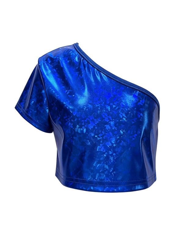 Girls' One Shoulder Sequin Crop Top Sleeveless Shiny Dance Top Performance Shirt Party Blouse,13-14 Years