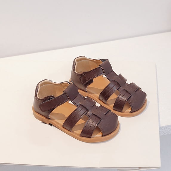 EliteGoogv Girls Sandals Closed Toe Sandals For Toddler Kids Adjustable Hook And Loop Summer Beach Shoes Soft Sole Casual Walking Shoes Brown US:6/12-18 Months