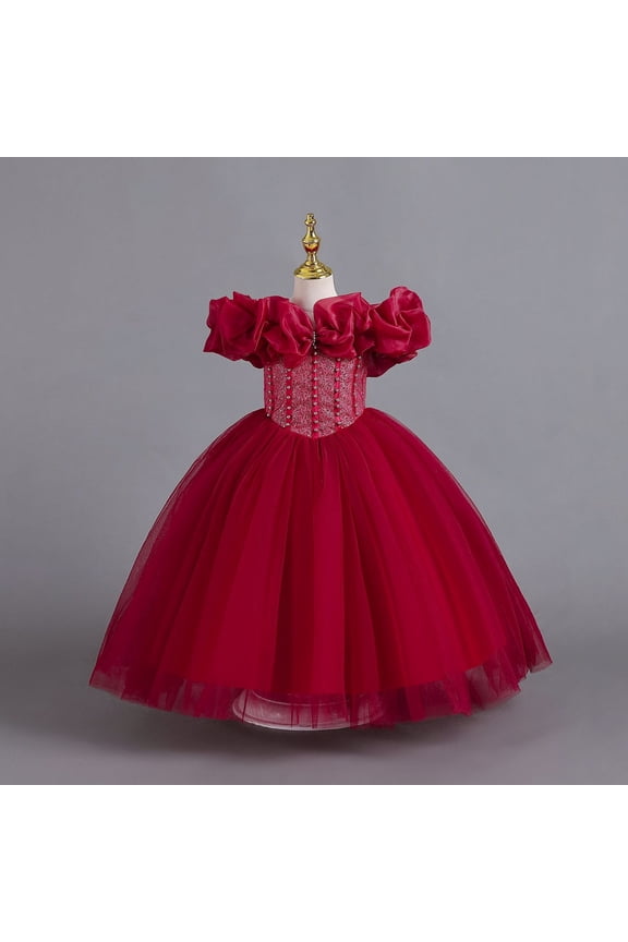 Girls Off Shoulder Ruffled Neckline Tulle Princess Gown Beaded Lace Bodice Pageant Dress For Wedding Flower Girl Birthday Party Formal Celebration,Wine,160