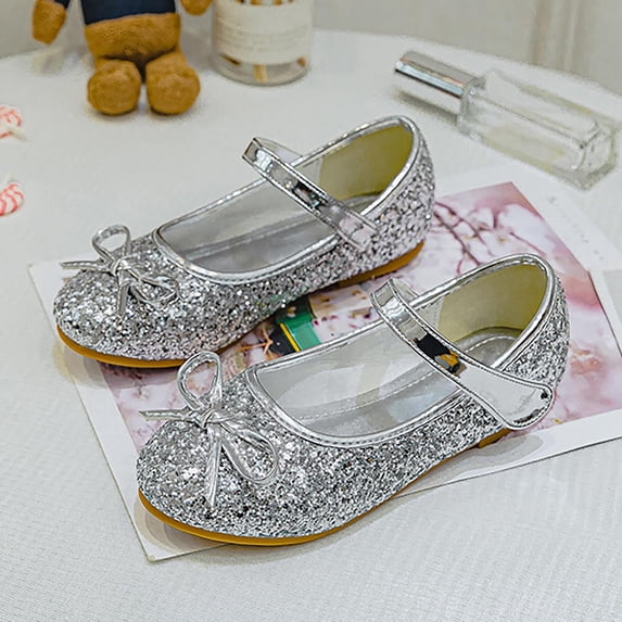 EliteGoogv Girls Sneakers Bow Sequins Closure Flat Dance Shoes For Girls On Non Rubber Sole Casual Daily Walking Footwear US:10.5/4-4.5 Years
