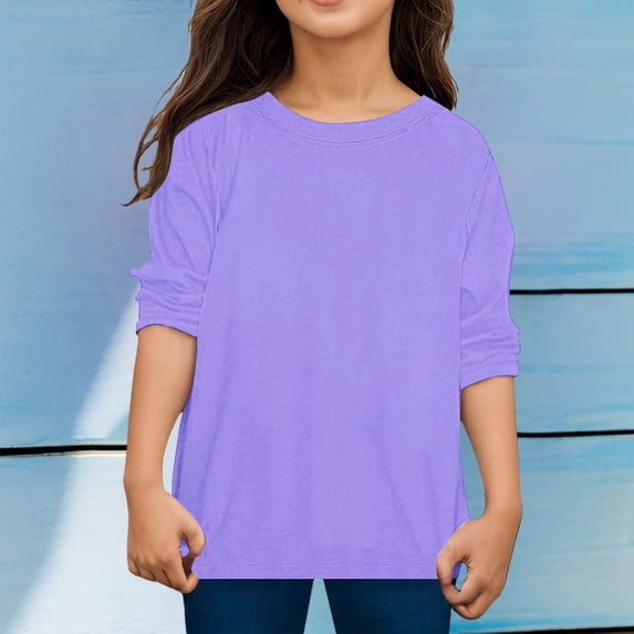 EliteGoogv Girls T Shirts Crew Neck Long Sleeve Solid Color Tee Tops For Girls Cute Style Vacation Tees Casual Fall Summer T Shirts Purple 8-9 Years