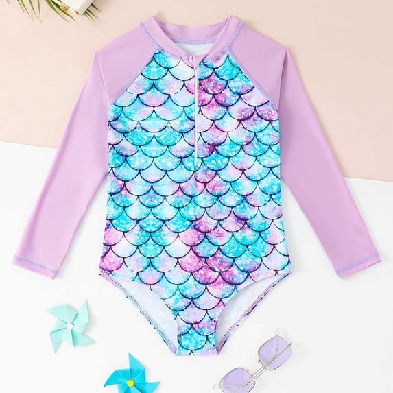 EliteGoogv Girls Toddler Long Sleeve One Piece Swimwear Kids Gradient 3D Fish Scale Print Zipper Up Rash Guard Swimsuit for Summer Beach Pool,Light Purple,3