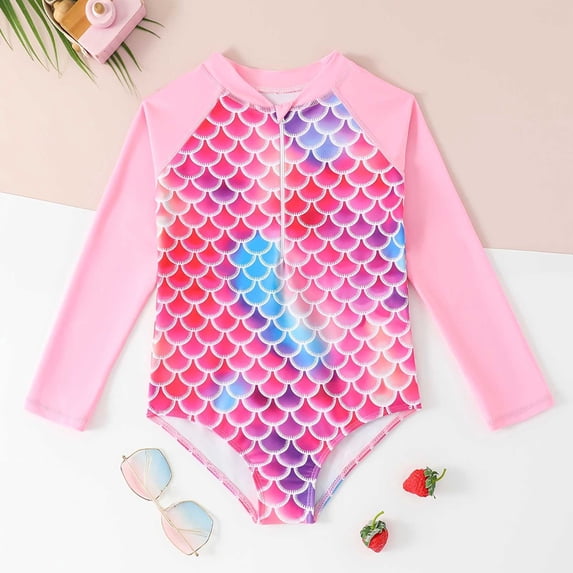 EliteGoogv Girls Toddler Long Sleeve One Piece Swimwear Kids Gradient 3D Fish Scale Print Zipper Up Rash Guard Swimsuit for Summer Beach Pool,Pink,2