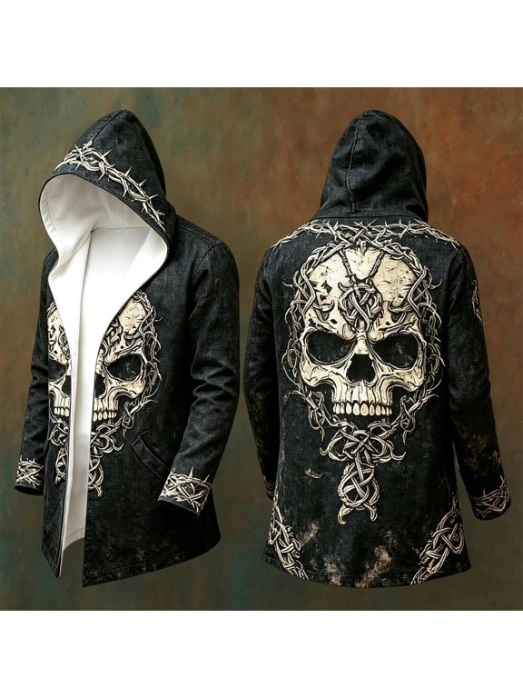 Jackets For Men Hooded Zip Up Norse Wolf Print Long Cardigan Style Coat Halloween Party Clothing Mens Outerwear Jackets Black