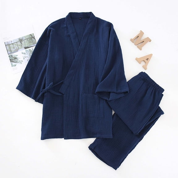 EliteGoogv Japanese Kimono Sleepwear Women'S Men'S Pajama Set Half Sleeve Shirts And Long Pants Matching Sleepwear 2 Piece Pj Set Traditional Clothing Navy M