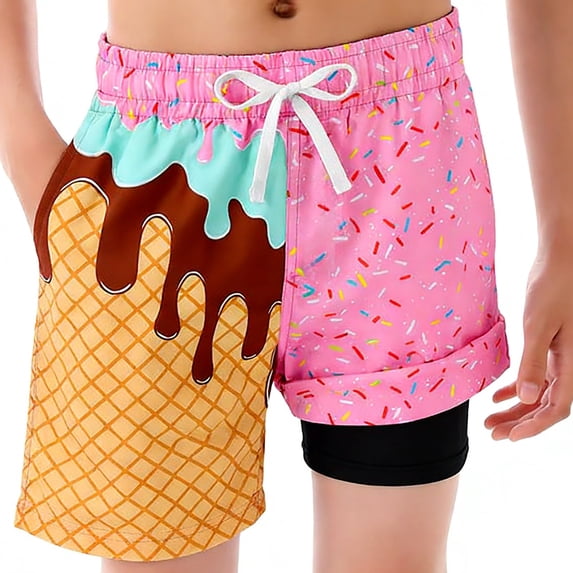 EliteGoogv Kids Boys Girls 2 in 1 Swim Shorts Ice Cream Print Double Layer Beach Trunks with Compression Liner for Pool Swimming,Hot Pink,120