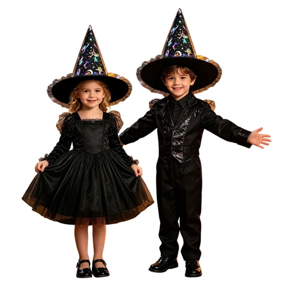 EliteGoogv Kids Halloween Witch Hat Wide Brim Pointed Hat Printed Pattern Mesh Decor Party Hat for Children