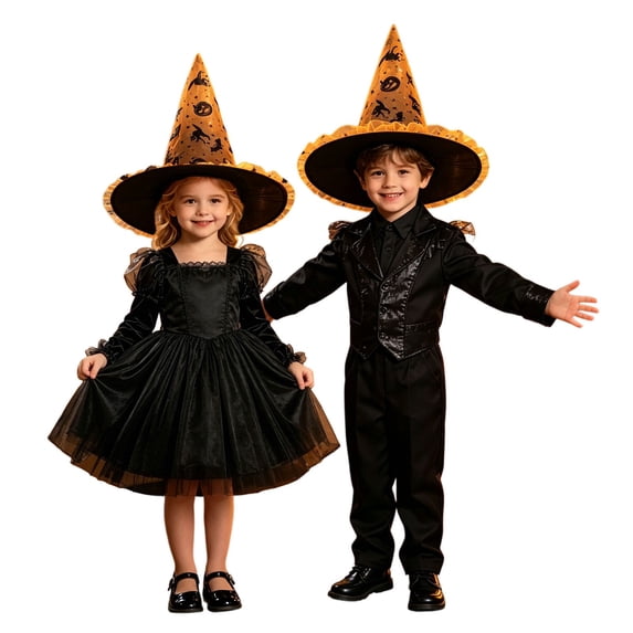 EliteGoogv Kids Halloween Witch Hat Wide Brim Pointed Hat Printed Pattern Mesh Decor Party Hat for Children