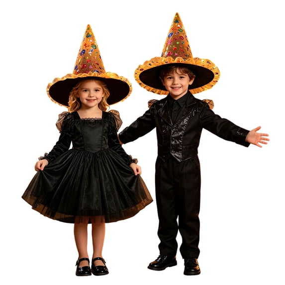 EliteGoogv Kids Halloween Witch Hat Wide Brim Pointed Hat Printed Pattern Mesh Decor Party Hat for Children