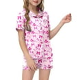 thumbnail image 1 of EliteGoogv Kids Loungewear Sets For Girls Short Sleeve Button Front Shirt Elastic Waist Shorts Graphic Print Two Piece Outfits Childrens Homewear Suits Purple, 1 of 4