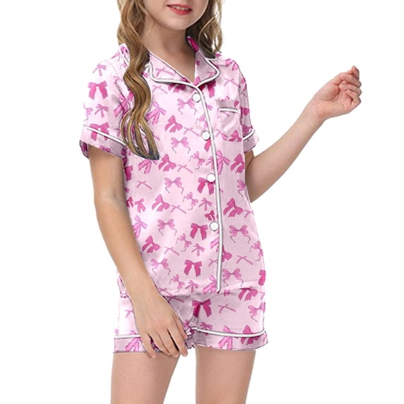 EliteGoogv Kids Loungewear Sets For Girls Short Sleeve Button Front Shirt Elastic Waist Shorts Graphic Print Two Piece Outfits Childrens Homewear Suits Pink