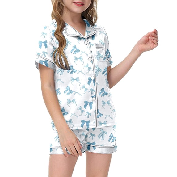 EliteGoogv Kids Loungewear Sets For Girls Short Sleeve Button Front Shirt Elastic Waist Shorts Graphic Print Two Piece Outfits Childrens Homewear Suits Sky Blue