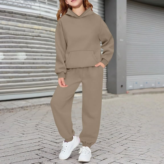 EliteGoogv Kids Sets 2 Piece Outfits Sweatsuits Casual Oversized Hoodies And Baggy Sweatpants Travel Tracksuit Khaki 140/(9-10Y)
