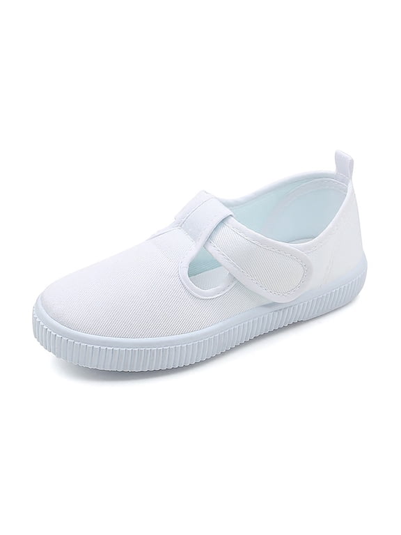 Kids Shoes Canvas White Hook Loop Closure Indoor Dance Flats For Kids Non Slip Soft Sole School Footwear US:11/10-11