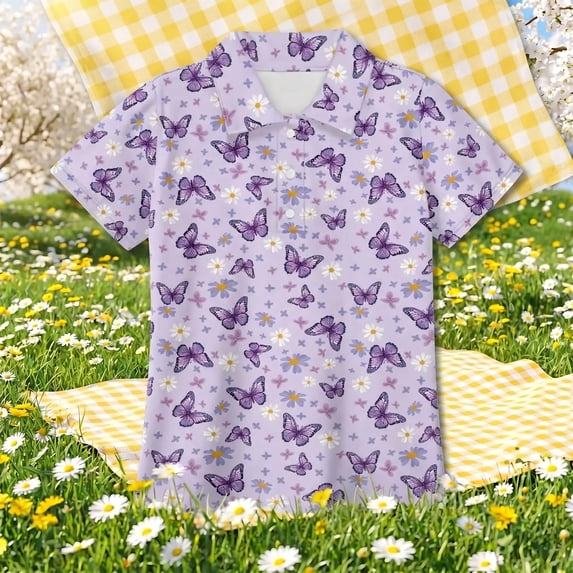 EliteGoogv Little Boys Girls Unisex T-shirt Short Sleeve Collared Tee Tops Graphic Lightweight Classic Fit Blouses Summer Fall Casual Outdoor Playwear Tops,Light Purple,5-6 Years