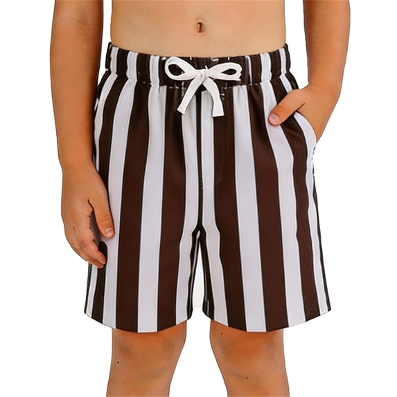 EliteGoogv Little Boys Shorts Regular Length Classic Fit Short Pants Breathable Stripe Print Trousers Summer Fall Casual Playwear Bottoms,Brown,120/5Y-6Y