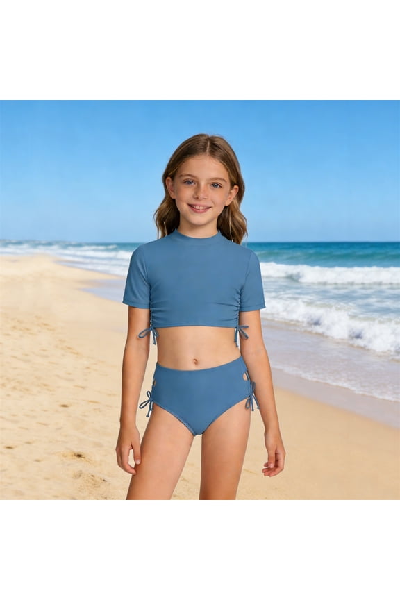 Little Girls Two Piece Swimsuit Short Sleeve Solid Color Bikini Set Sun Protection Breathable Swimsuit Pool Summer Bathing Suit,5-6Y,Blue