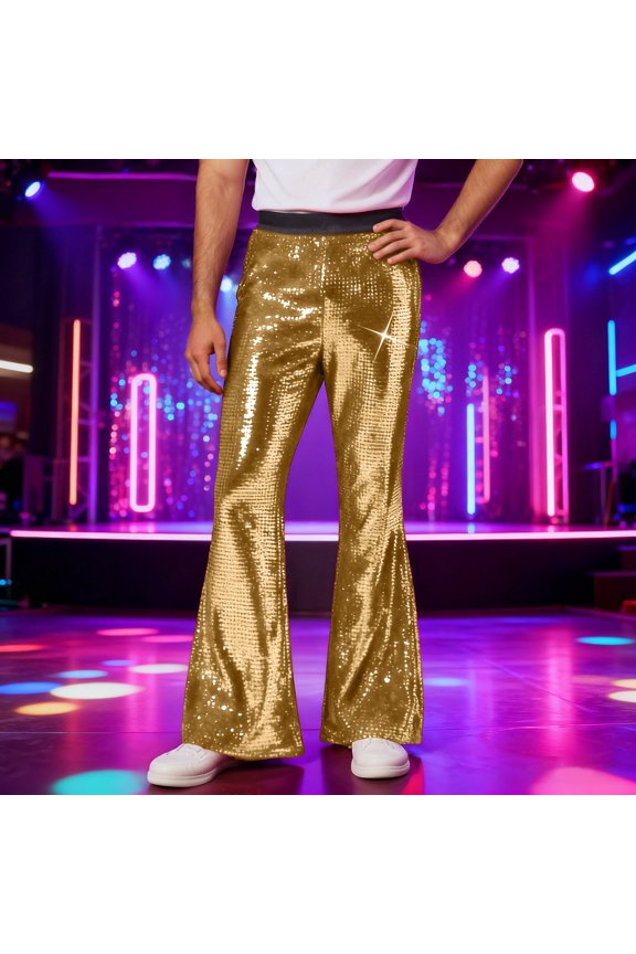 Men Gold Sequins Flared Pants High Waist Elastic Waistband Shiny Glitter Fabric Disco Party Clubwear Casual Evening Wear Bell Bottom Trousers,Gold,L
