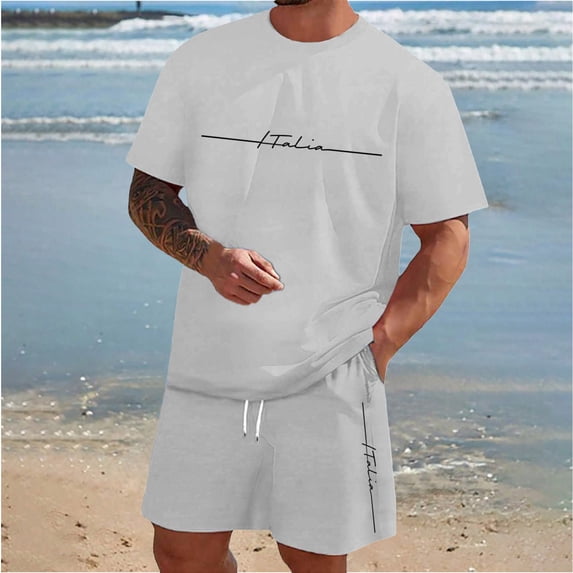EliteGoogv Men Outfit Set Gradient Letter Print Short Sleeve T Shirt And Shorts For Men Summer Casual Matching Set Light Gray XS