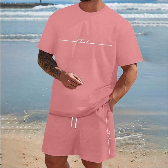 EliteGoogv Men Outfit Set Gradient Letter Print Short Sleeve T Shirt And Shorts For Men Summer Casual Matching Set Pink 5XL