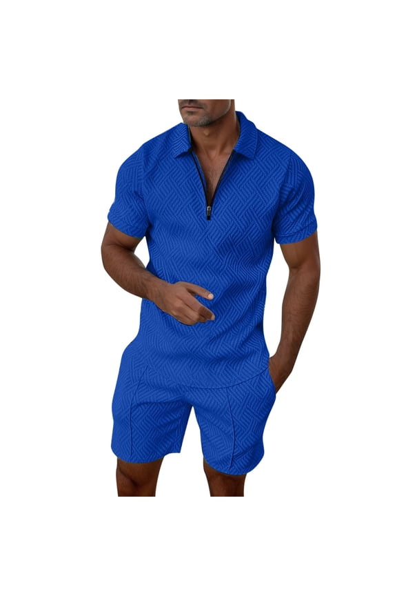 Men Outfit Set Striped Two Piece Suit Zipper Short Sleeve Top And Drawstring Pocket Shorts For Men Summer Casual Matching Set Blue XL
