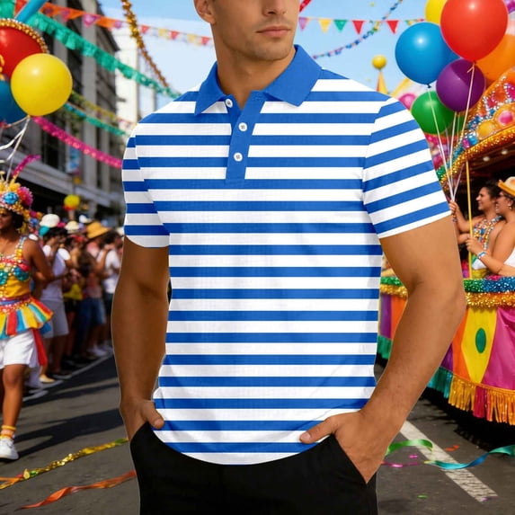 EliteGoogv Men Polo Shirt Short Sleeve Knit Stripe Breathable Casual Summer Top For Men Business Leisure Tee Blue L