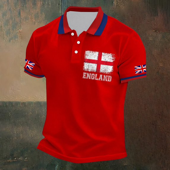 EliteGoogv Men Polo Shirt UK Flag Print Button Down Short Sleeve Casual Top For Men Festive Celebration Shirt Red 3XL