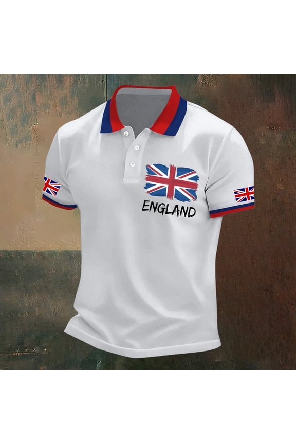 Men Polo Shirt UK Flag Print Button Down Short Sleeve Casual Top For Men Festive Celebration Shirt White S