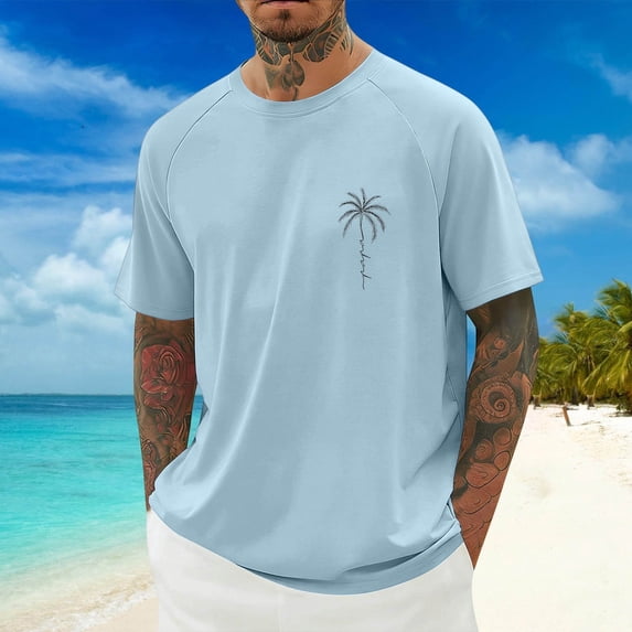 EliteGoogv Men T Shirt Coconut Tree Raglan Sleeve Round Neck Casual Sport Tee For Men Summer Breathable Comfort Top Light Blue XS