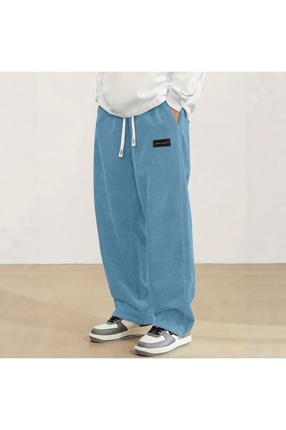 Men Textured Corduroy Loose Fit Ankle Pants Elastic Drawstring Waist Side Pockets Classic Designer Patched Soft Casual Everyday Wear,Sky Blue,XL